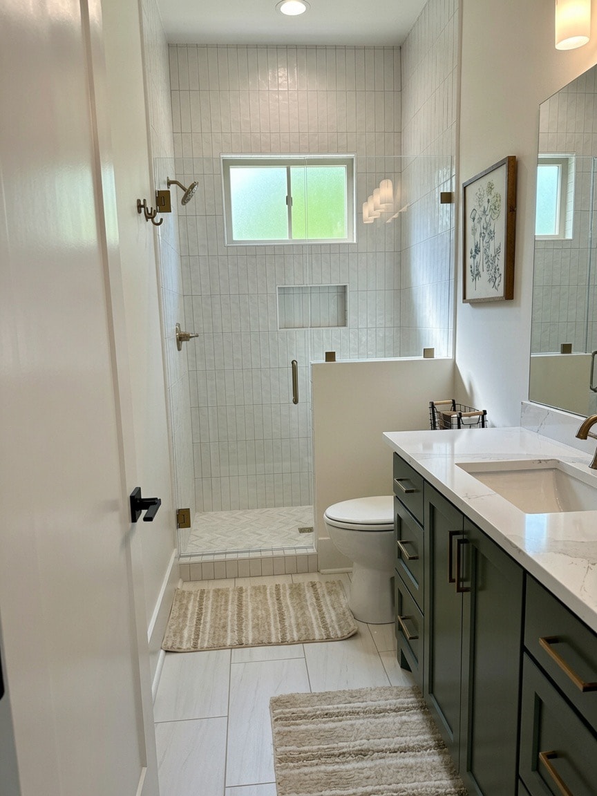 Bathroom with green vanity, walk-in shower, and gold hardware